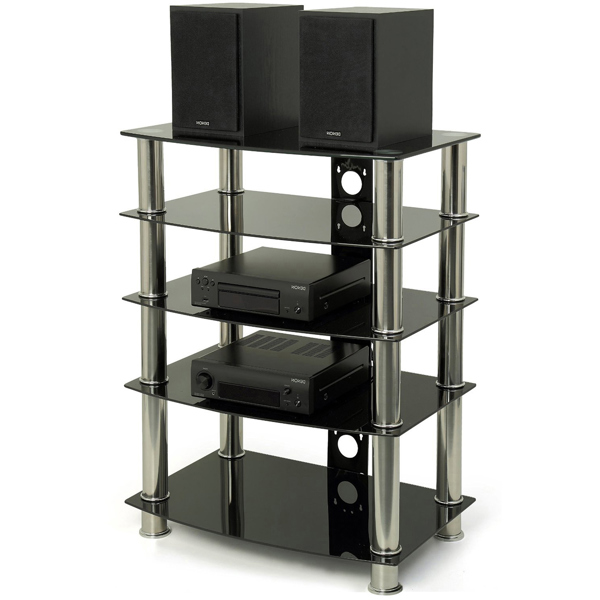 Homeology Galago 5-Shelf Premium Black Glass with Silver Legs AV Rack