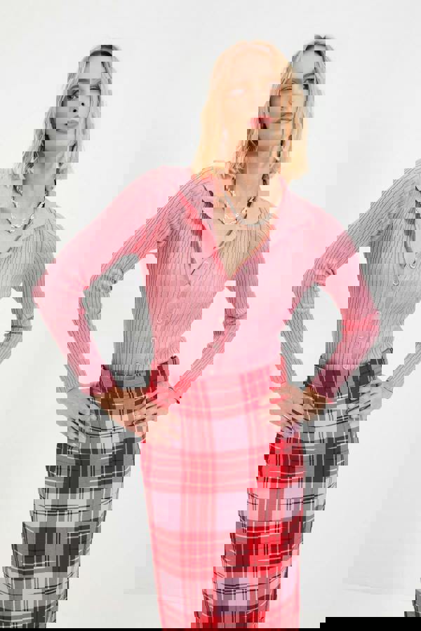 WOVCOR Mercerized Look Ribbed Polo Neck Knit Cardigan