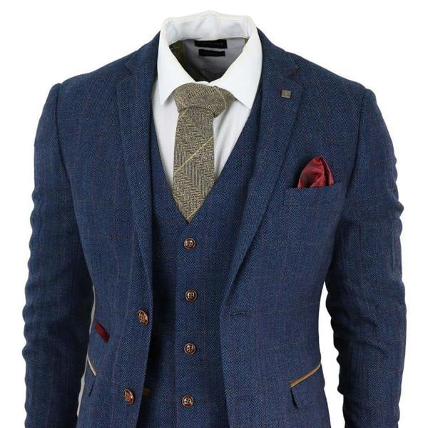 Paul Andrew Mens Blue Tweed Check 3-Piece Suit