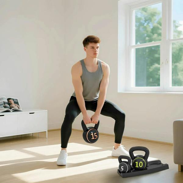 Three-piece black kettlebell set with storage tray beside seated lifter, 5, 10, 15 lbs