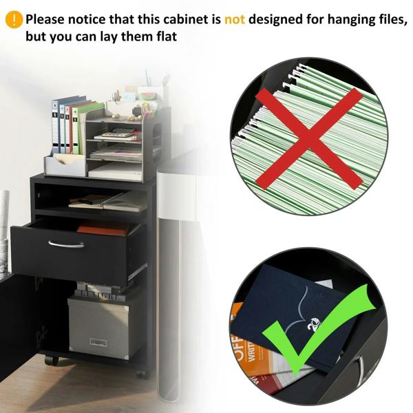 Black mobile filing cabinet with open shelves, drawer units, and caster wheels