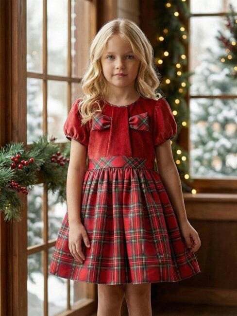 DRESS & Fleur Girls Tartan Dress in Red
