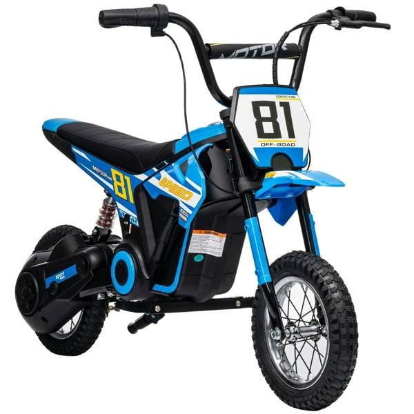 Kids electric motorbike ride-on with blue and black frame, knobby tires, handlebar