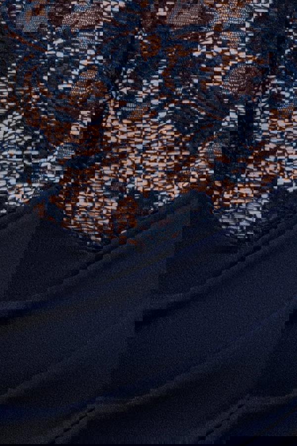 One Shoulder Organza  Fan Detail Lace Bodice Maxi Dress - Navy Blue DR4577