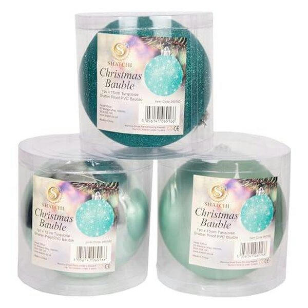 Shatchi 15cm 3 Pack Turquoise Shatterproof Christmas Baubles for Tree and Home Decor