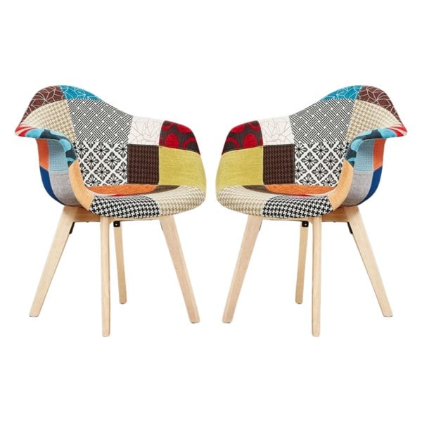 Life Interiors Set of 2 Patchwork Multicolor Fabaric Upholstered Accent Chairs with Wooden Legs, Mid-Century Modern Armchair