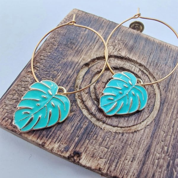 The Colourful Aura Tropical Leaf Charm Dangle Dainty Floral Huggie Tree Leaf Hoop Earrings