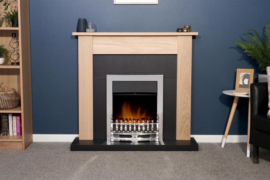 Adam Southwold Fireplace in Oak & Black with Blenheim Electric Fire in Chrome, 43 Inch
