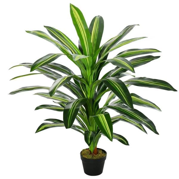 Artificial green potted plant with tall spiky leaves in a black nursery pot