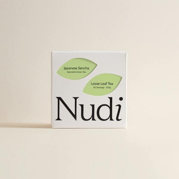 Nuditea Japanese sencha luxury tea box with minimal green and lime label.