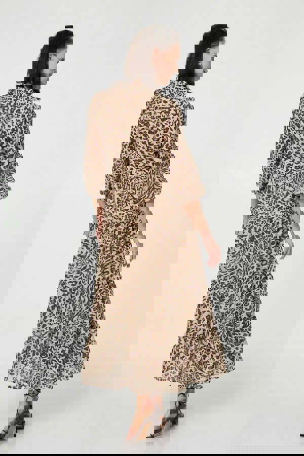 Brown | Animal Print 3/4 Puff Sleeve Midi Dress
