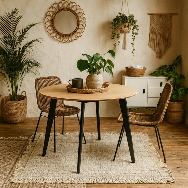 Wyld Haus Saffron Round Black and Natural Oak Veneer Dining Table