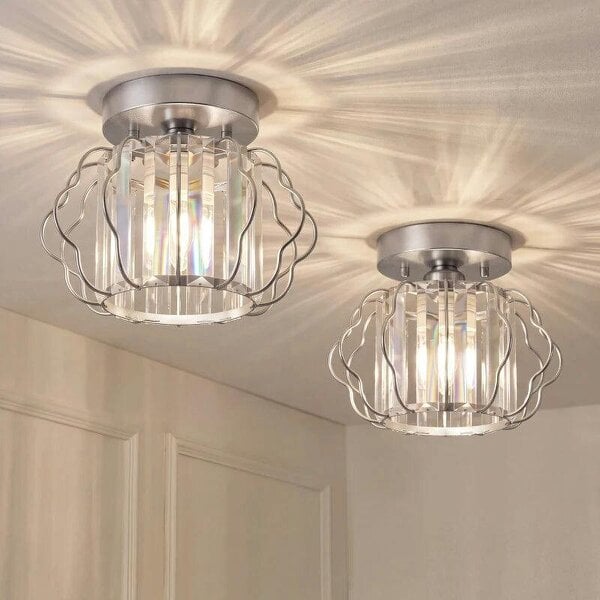 Crystal Ceiling Light Fixtures, Modern Semi-Flush Ceiling Lighting with Crystal Strips, 2 Pack, Silver Tone