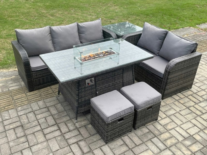 Fimous PE Wicker Outdoor Rattan Garden Furniture Set Propane Gas Fire Pit Table and Sofa set with Side Table 2 Small Footstools