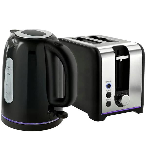 Black polished toaster and kettle set with silver accents and control knobs