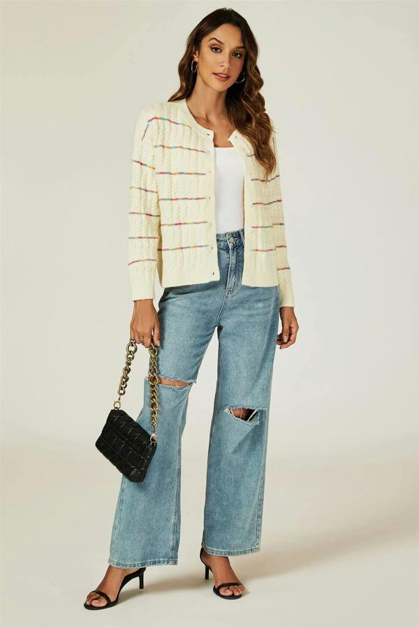 FS Collection Rainbow Stripe Knitted Cardigan In White