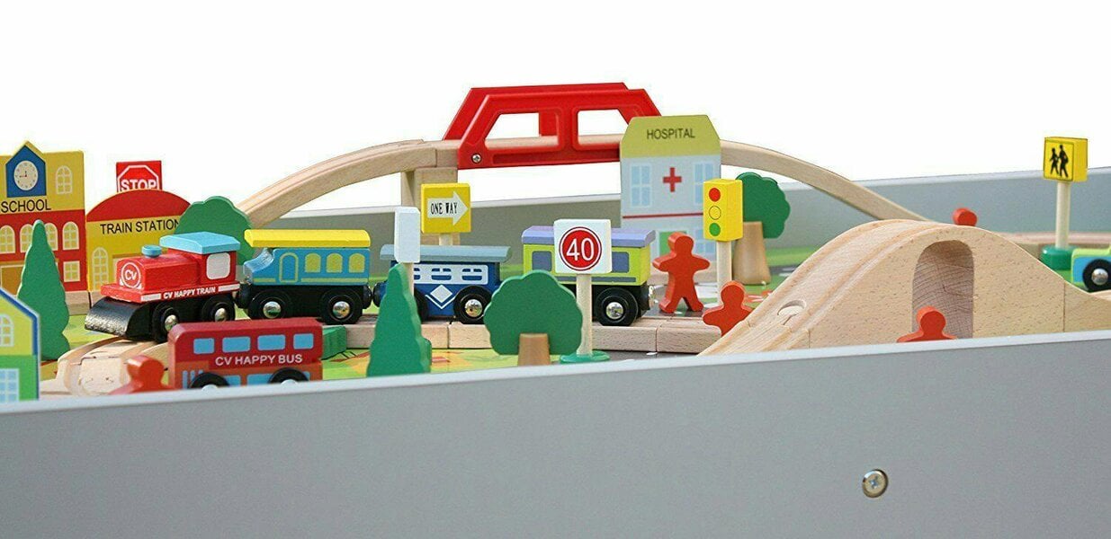 HYGRAD BUILT TO SURVIVE Kids Wooden Activity White Table and 90 Piece Train Set Car Track + Accessories