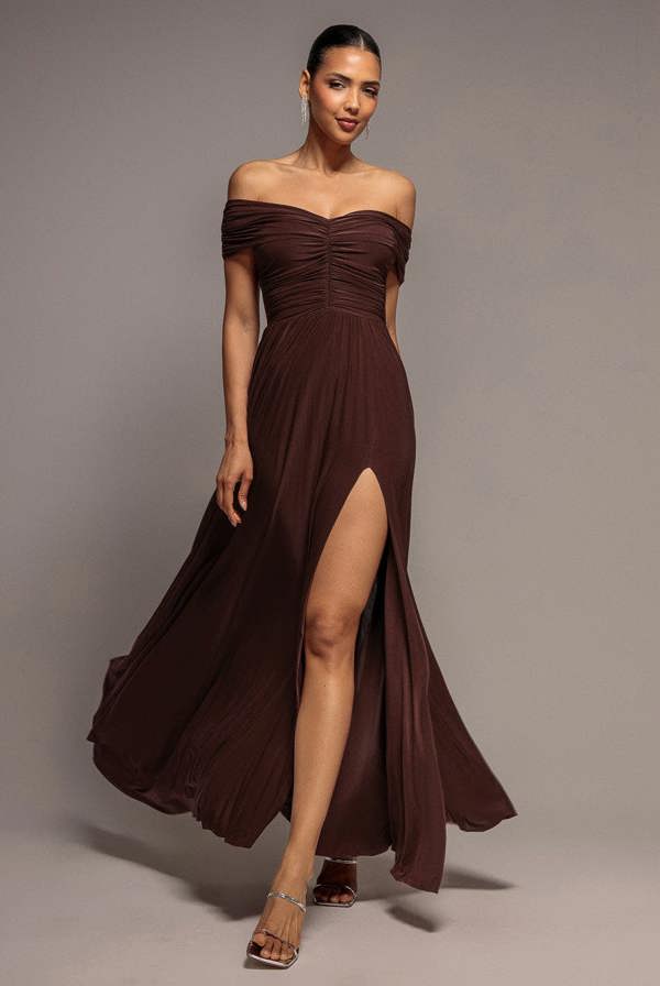 Gathered Bardot Maxi Dress With Front Split - Dark Brown DR2873