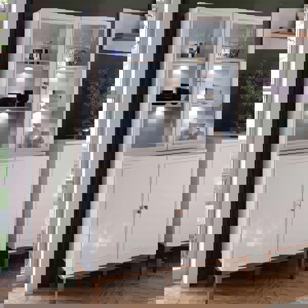 Furniture To Go Wensley Display Cabinet with 2 Doors and 2 Glass Doors in Light Grey and Oak inc LED Lighting