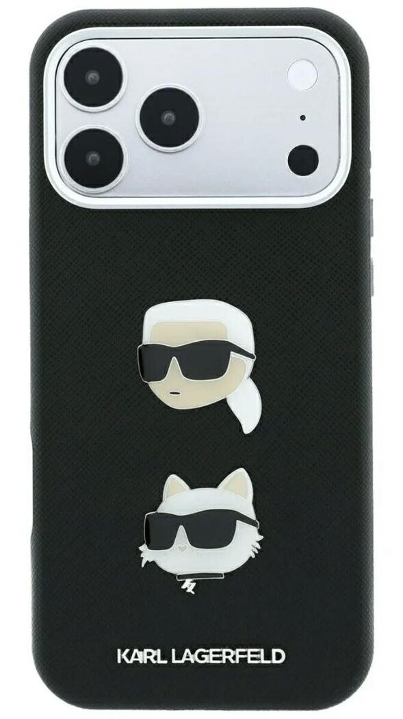 Karl Lagerfeld Saffiano Karl & Choupette Heads Pins Logo Case for iPhone 17/18 Pro Max 6.9" Black - KLHCP18XPSWFDHPK
