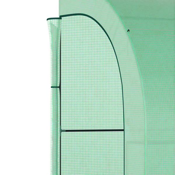 Green greenhouse arched zippered door with black frame and translucent mesh panels