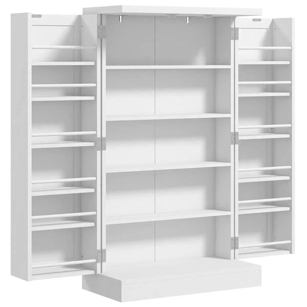 White kitchen cupboard interior with adjustable shelves and door-mounted racks