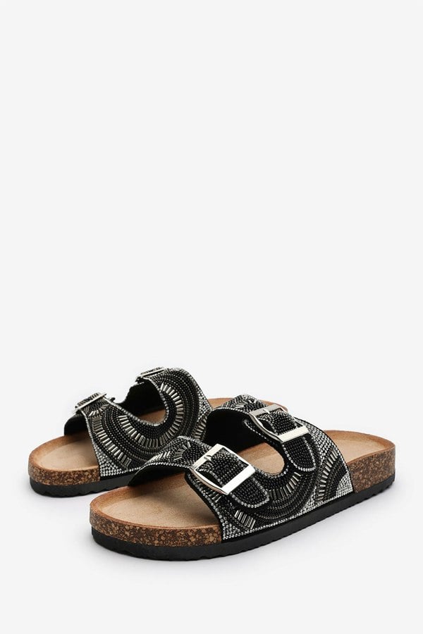 Where's That From Angelina Slider Flatform Sandals With Adjustable Straps In Black