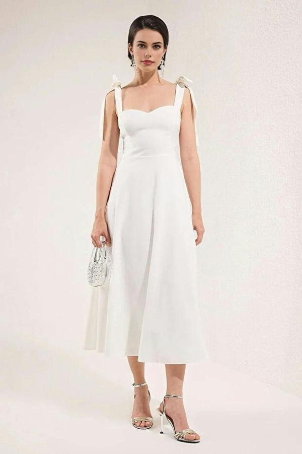 WOVCOR Tie Strap Midi Dress with Sweetheart Neckline