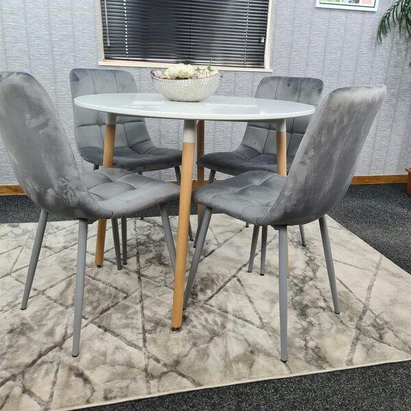 Kosy Koala Dining Table and 4 Chairs  White Round Wood Table 4 Grey Velvet Chairs Dining Room Furniture