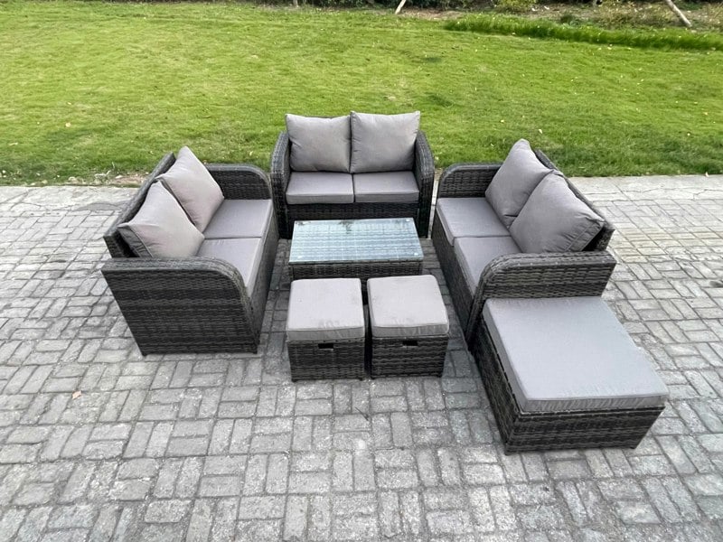 Fimous Outdoor Garden Furniture Sets 9 Seater Wicker Rattan Furniture Sofa Sets with Rectangular Coffee Table Love Sofa 3 Footstools Dark Grey Mixed