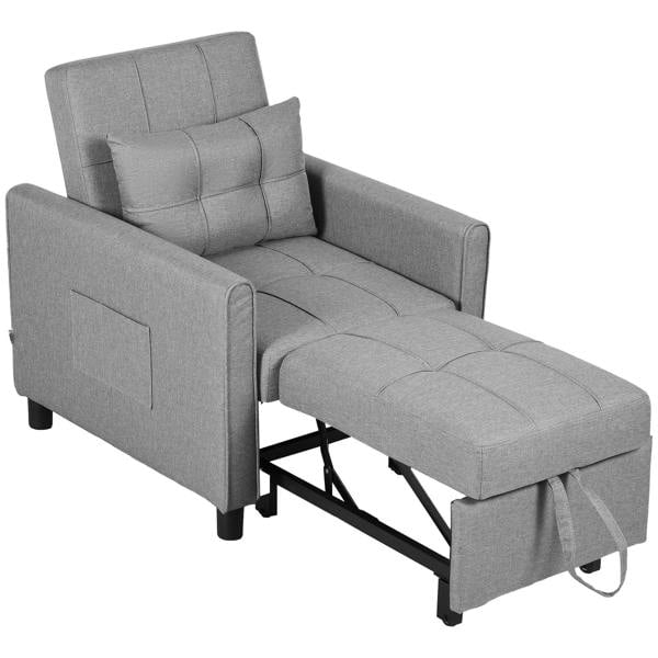 Light grey upholstered single chair bed with tall padded back and fold-out chaise base