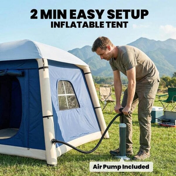 Inflatable Camping Tent with Hand Pump, Easy Setup 1/2 Person Blackout Blow Up Tent, Dark Blue