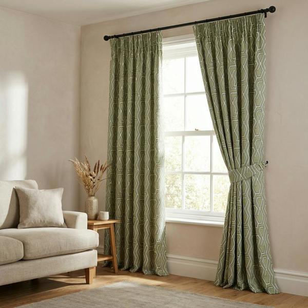 Manhattan* made-to-measure curtains in Moss, styled in a living room