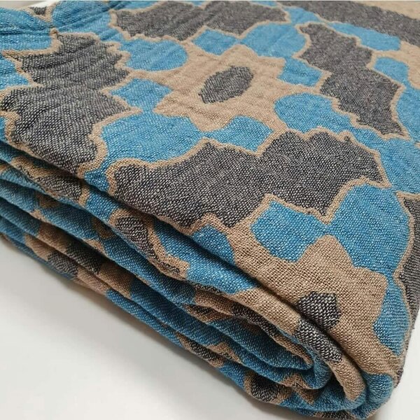 Cotton and Olive Leyla Soft Cotton Jacquard Bedspread - Turquoise Blue on Taupe
