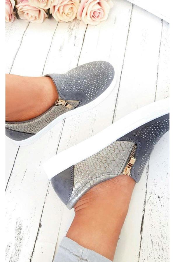 Leah Crystal Suede Zip Pumps Trainers - Grey