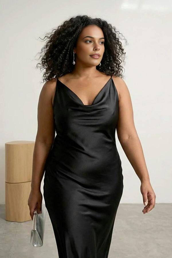 WOVCOR Midi V-Neck Satin Woven Plus Size Dress