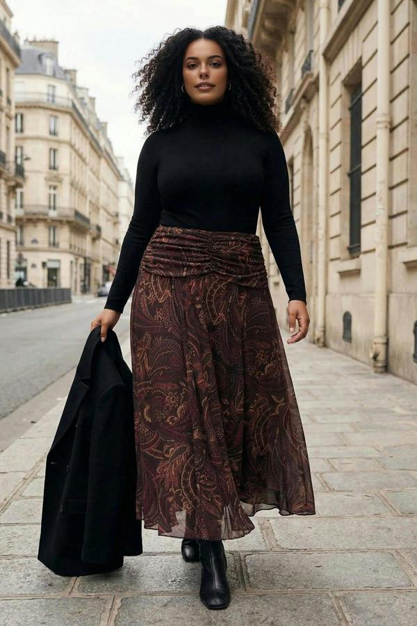 WOVCOR Draped Boho Chic Printed Tulle Stretch Knit Skirt