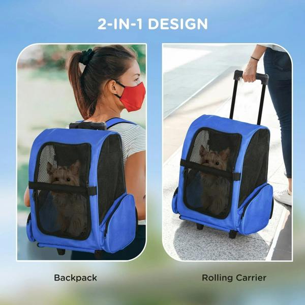 Blue pet carrier backpack with telescopic handle and front mesh door