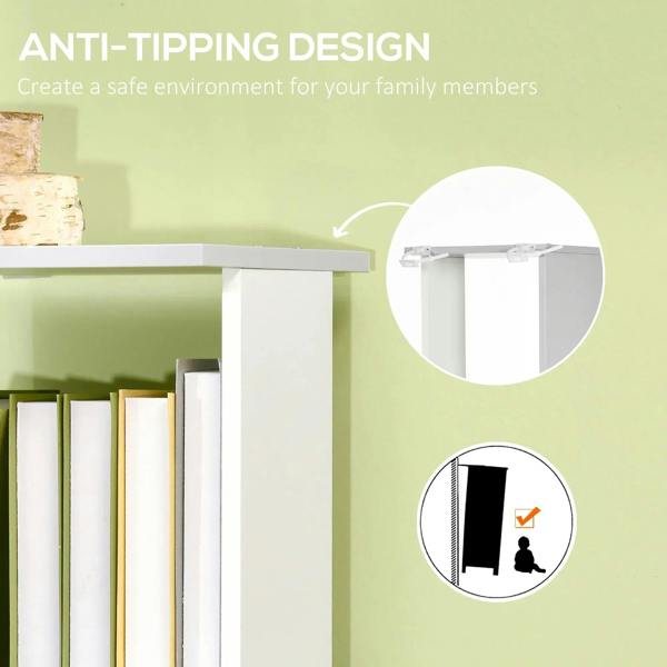 Freestanding 5-tier bookshelf with anti-tipping wall safety bracket detail.