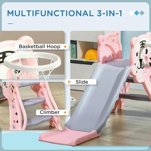Pink 3-in-1 baby slide with basketball hoop, gray slide, climber support, promotional layout