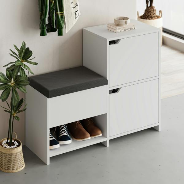 Decortie Modern Haven Shoe Bench Rack White 101.5(W) Organiser Hallway 2 Cupboard Storage Cabinet 1 Open Shelf Fabric Seat