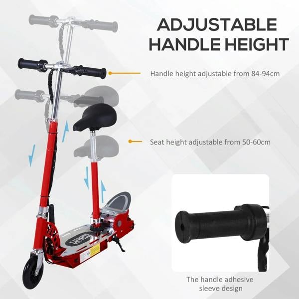 Red electric scooter with adjustable stem and black seat, close-up details
