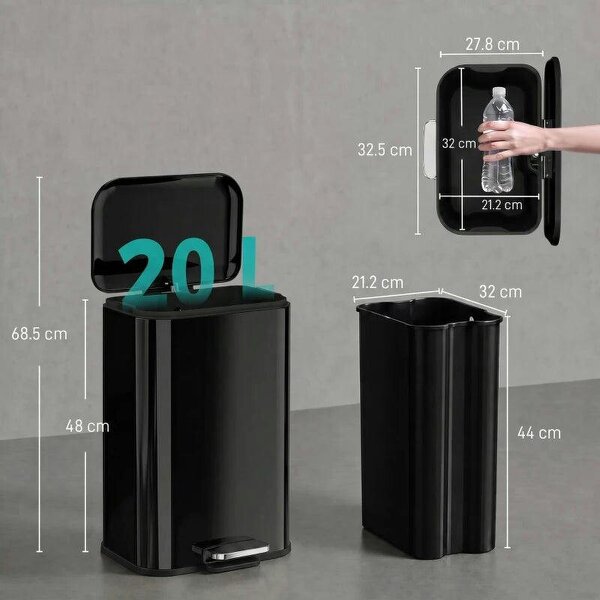 20 L Kitchen Pedal Bin, Metal Rubbish Bin with Removable Inner Bucket, Soft-Close & Stay-Open Lid, High Gloss Black