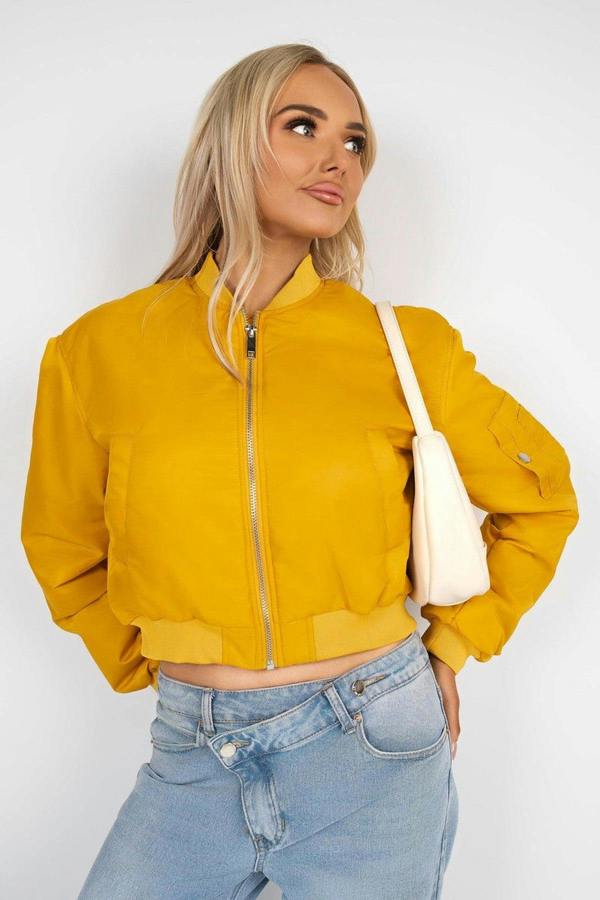 Melina Cropped Long Sleeve Zip Up Puffer Jacket - Mustard