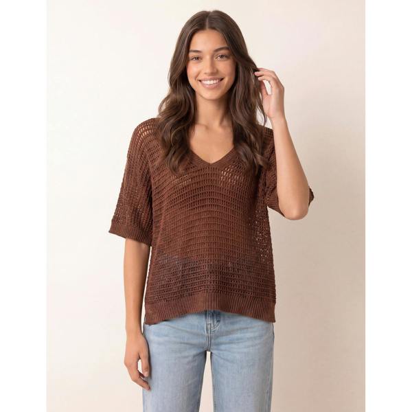 Blue Vanilla Metallic Crochet V Neck Top