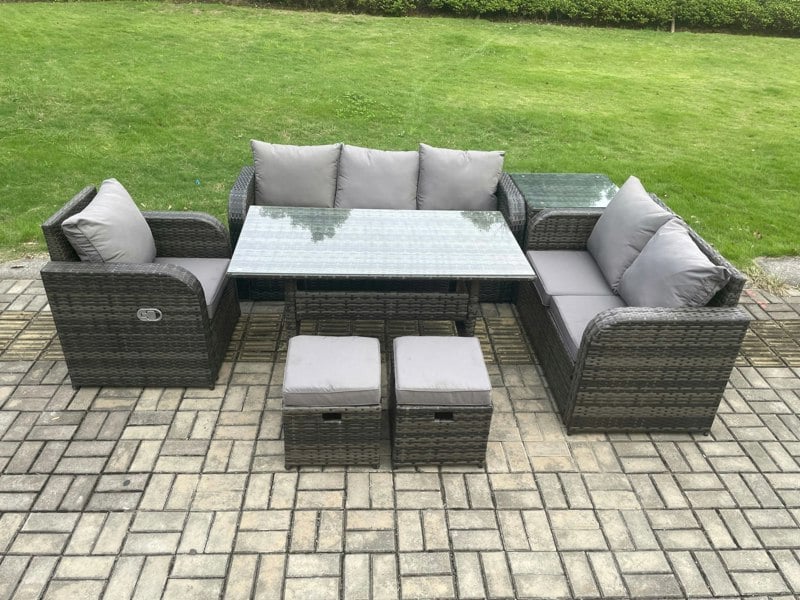 Fimous 8 Seater Garden Rattan Furniture Dining Table Sofa Set Indoor Outdoor with Reclining Chairs Side Table 2 Small Footstools Dark Grey Mixed