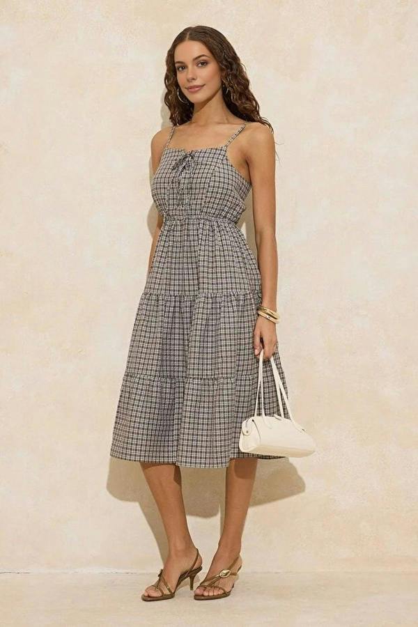 WOVCOR Checked Tie-Detail Midi Woven Dress