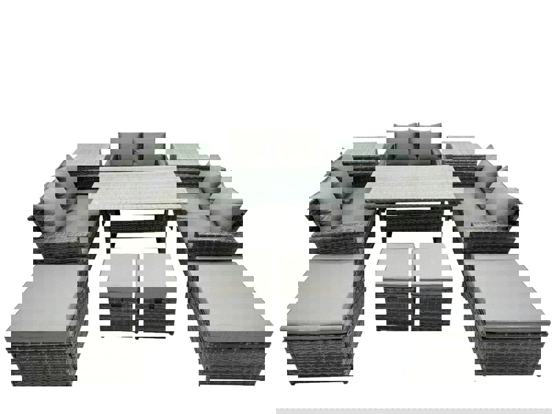 Fimous 10 Seater Wicker PE Rattan Furniture Outdoor Dining Table Double Seat Sofa 2 Side Tables 4 Stools Set Dark Grey Mixed