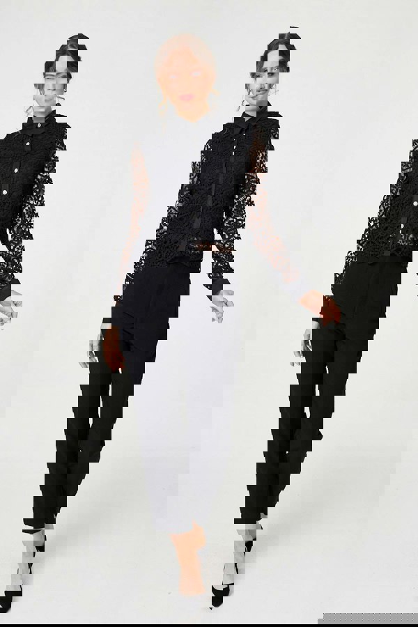 Black | Lace Layer Sheer Sleeve Cropped Shirt
