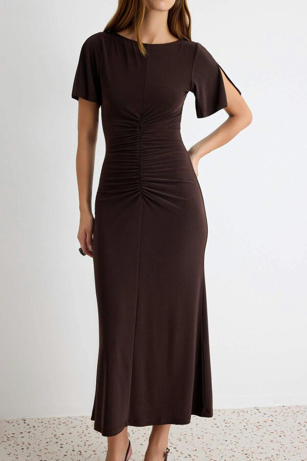 WOVCOR Boat Neck Short Sleeve Ruched Midi Bodycon Dress